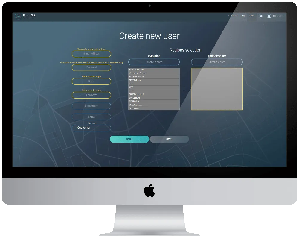 view of creating a new user in Foto-GIS